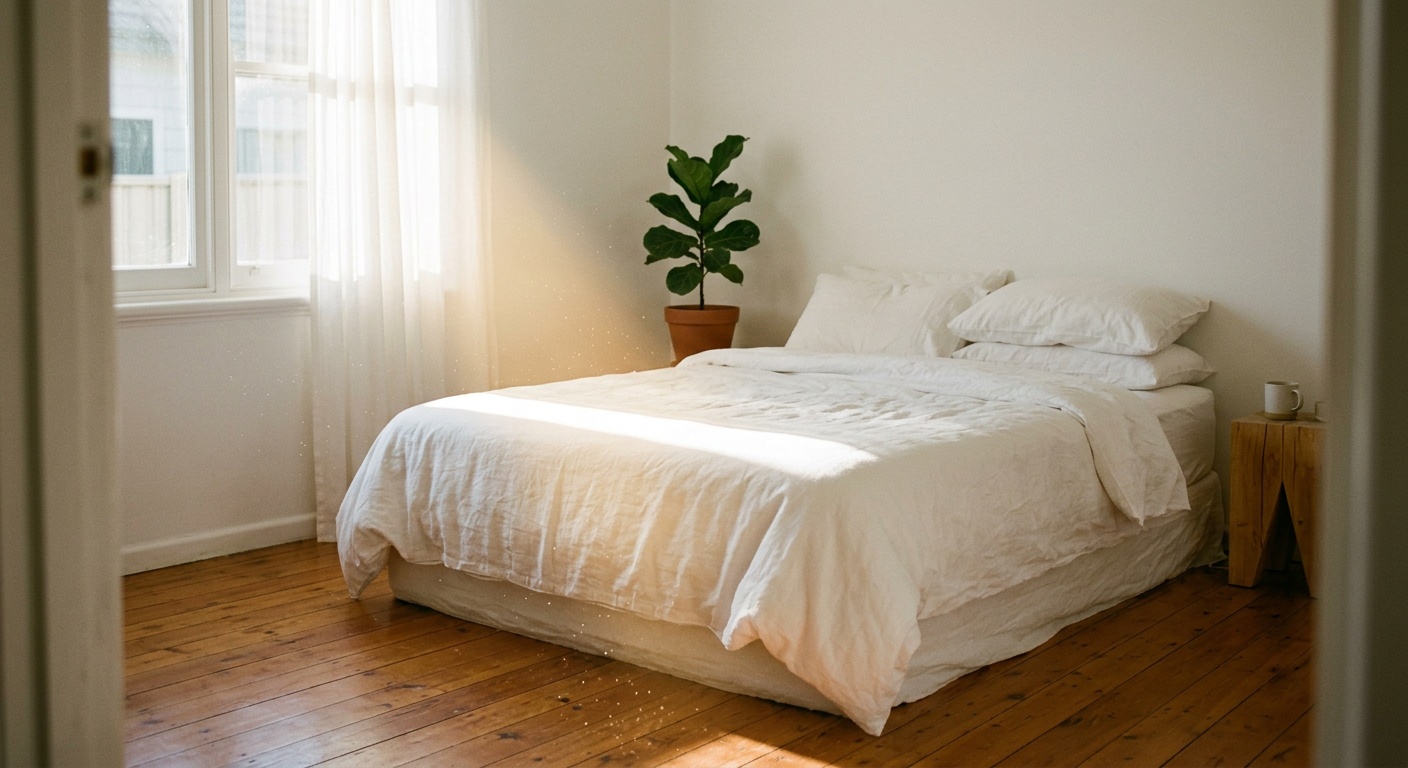 Sunlit Australian bedroom with white linen — indoor air quality guide Clean and Native