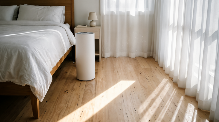 Levoit Core 300S HEPA air purifier on pale timber floor in sunlit Australian bedroom with white linen