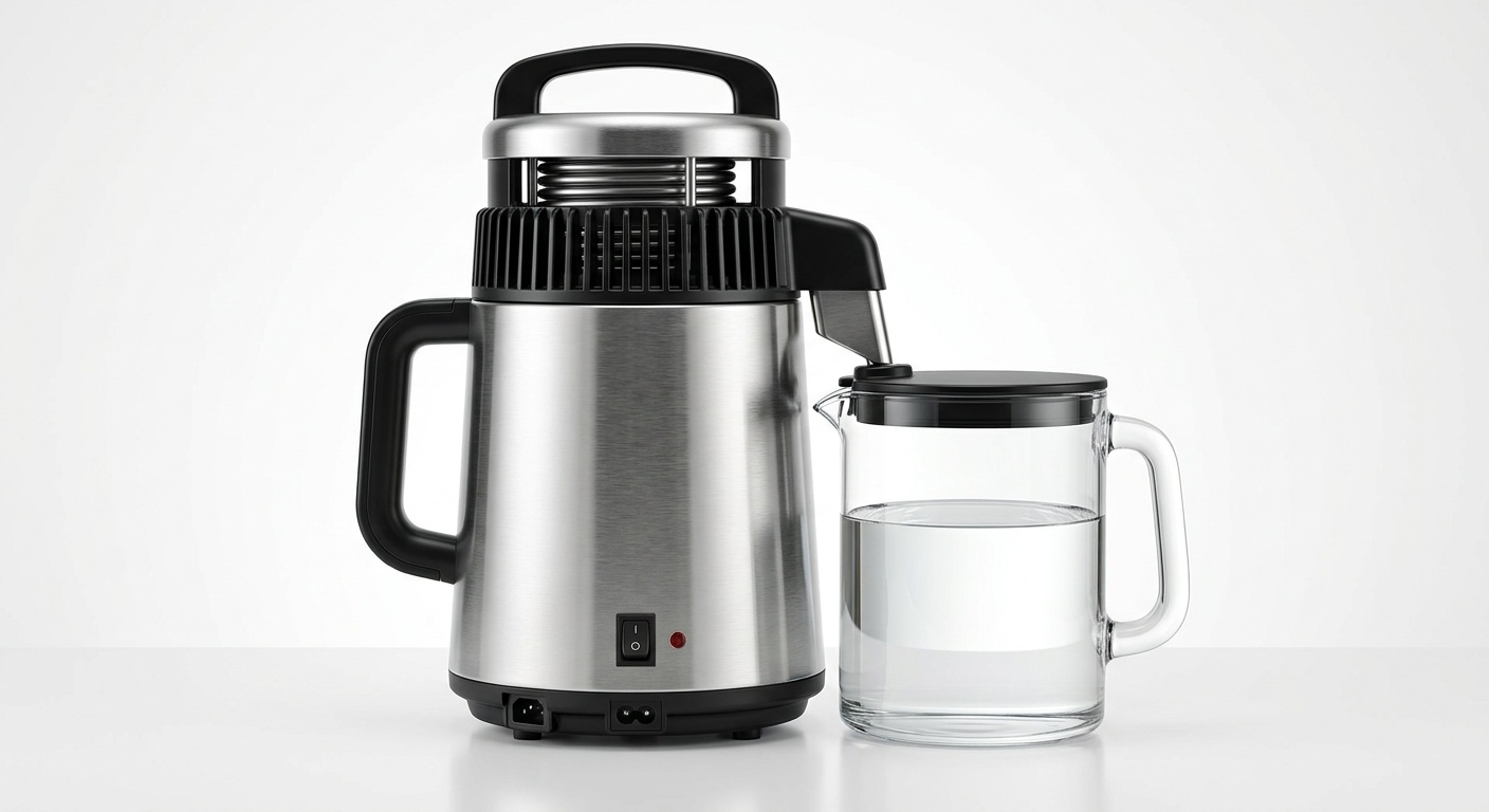 Megahome MH943S water distiller — 316 stainless steel boiling chamber with borosilicate glass collection jug