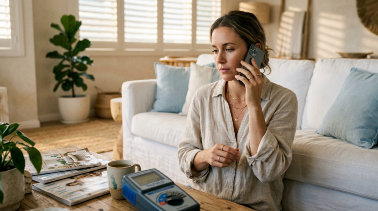 Woman holding smartphone near EMF meter in coastal Australian home — phone radiation awareness