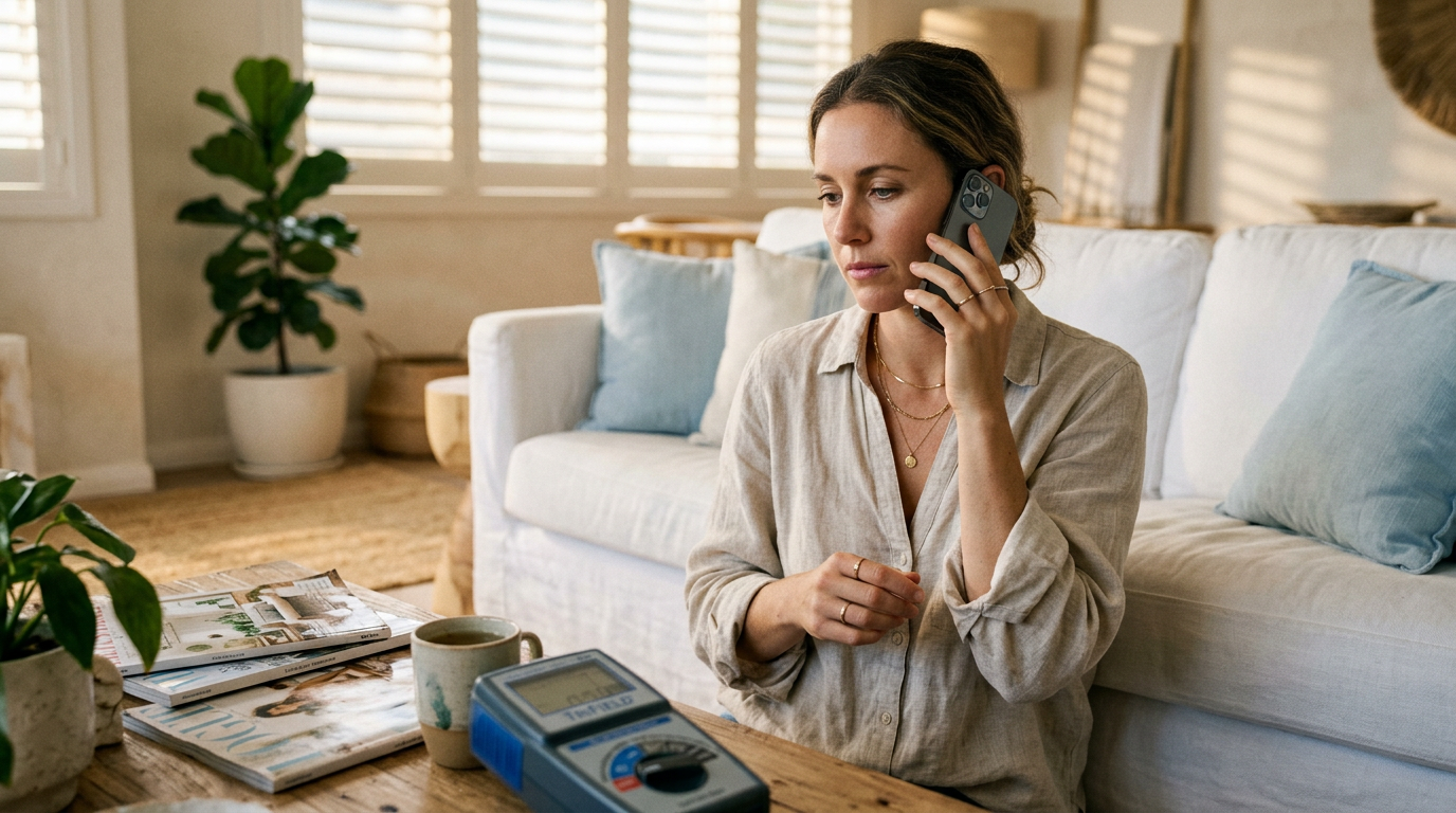Woman holding smartphone near EMF meter in coastal Australian home — phone radiation awareness