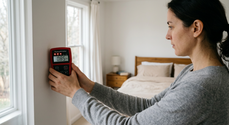 Person using RF EMF meter to measure electromagnetic fields in bedroom