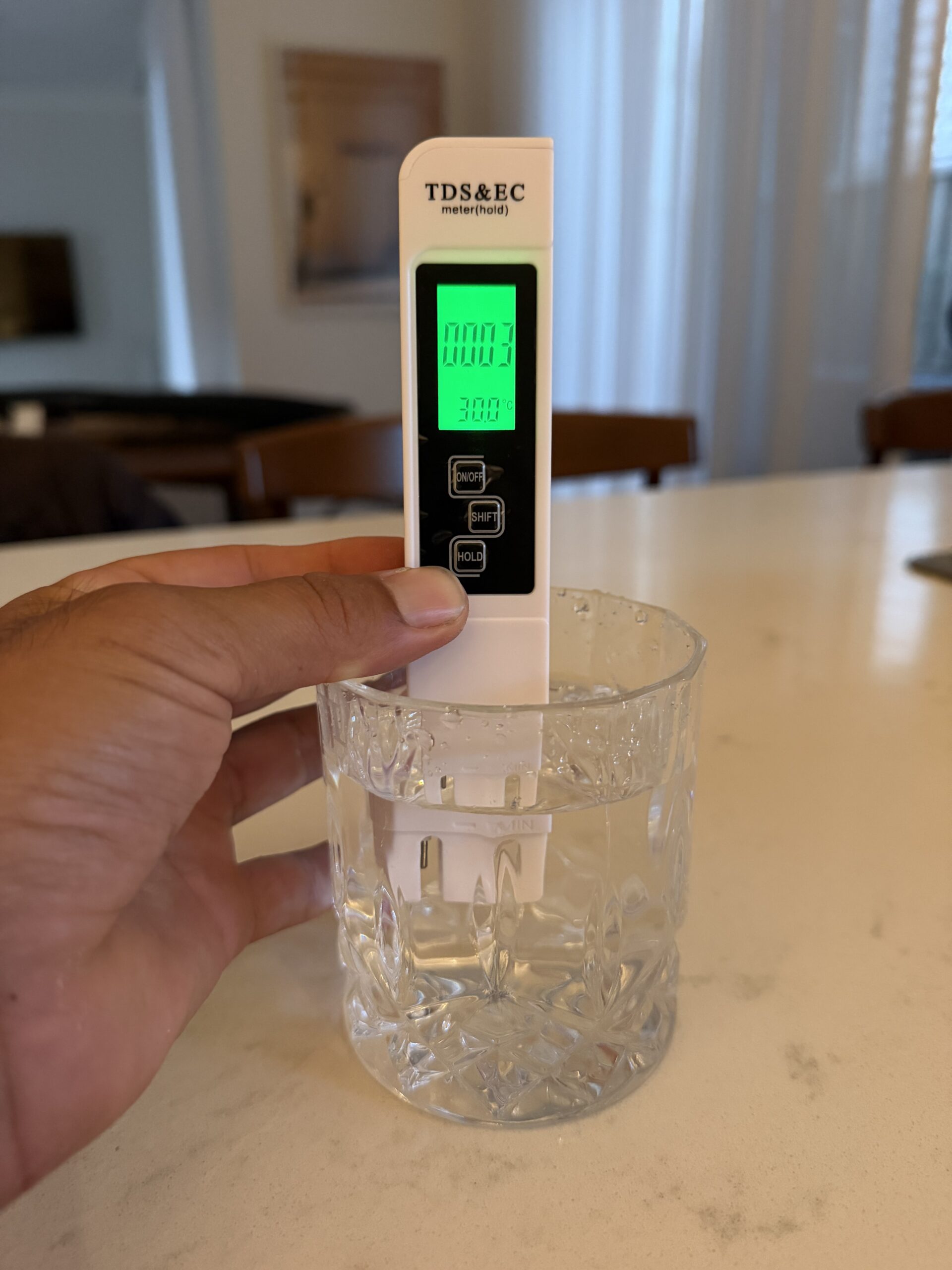 TDS meter showing 3 ppm -- post EcoHero 5-Stage RO filter Palm Beach QLD, 95.7% TDS reduction