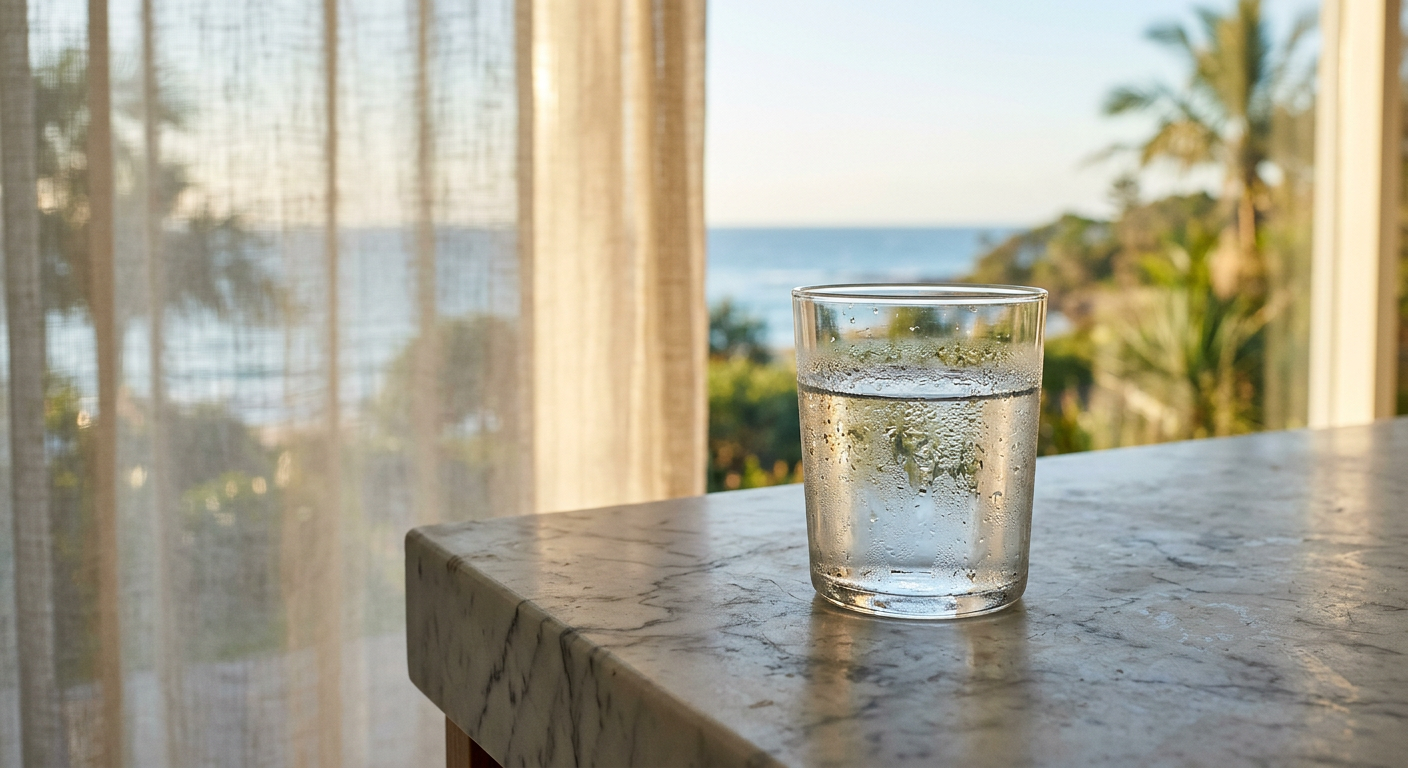Glass of water on pale marble benchtop with coastal Queensland morning light