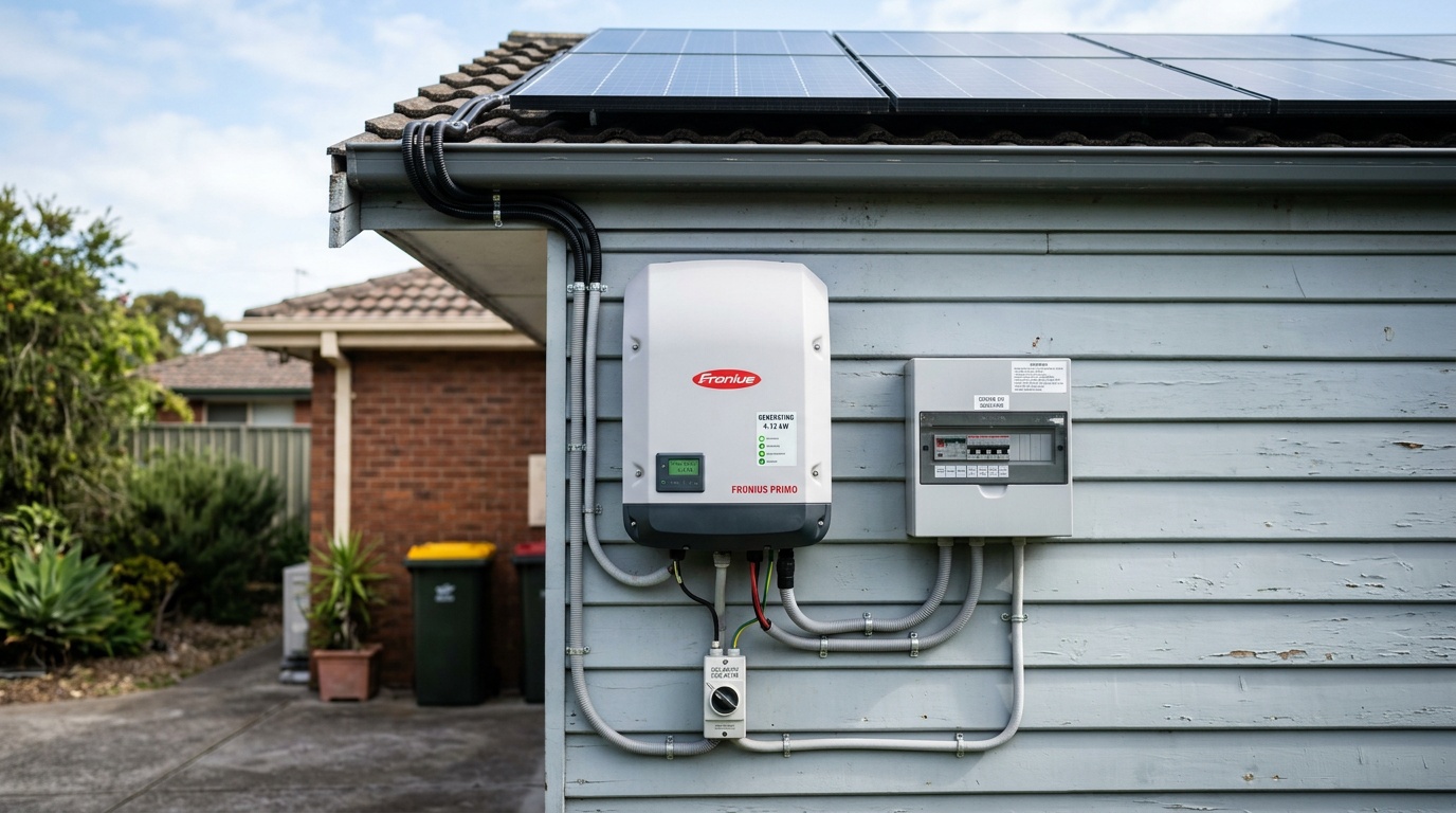 Solar string inverter mounted on garage wall — a primary source of dirty electricity in Australian homes with rooftop solar PV