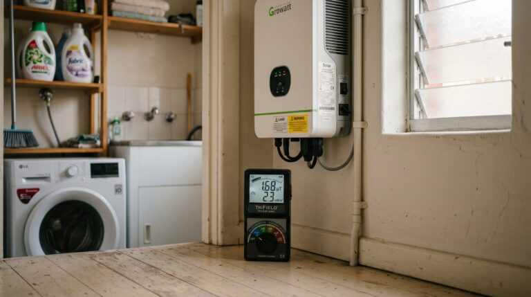 TriField TF2 EMF meter measuring magnetic field next to residential solar inverter in Australian home — solar inverter EMF Australia