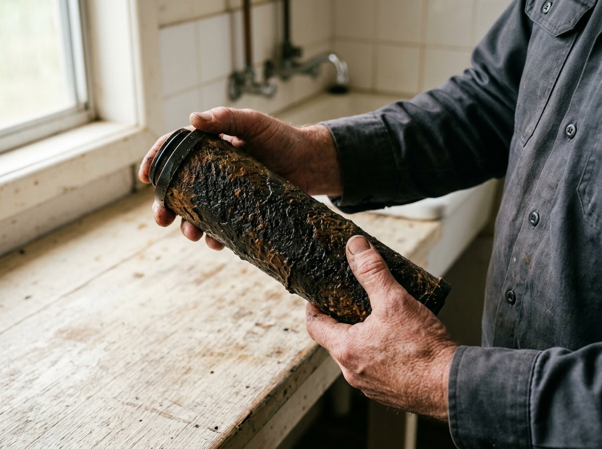 Dark brown spent whole-house filter cartridge held in hand after 3 months service