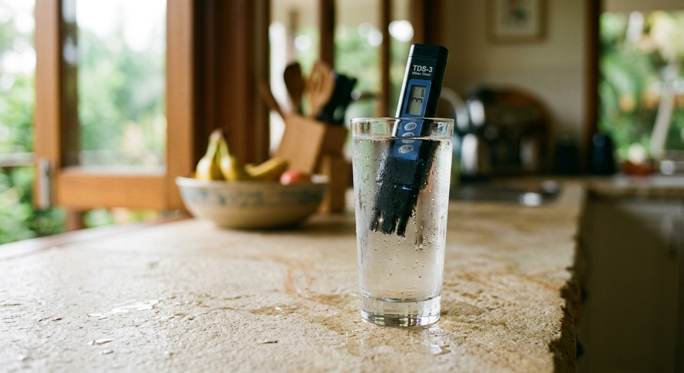 Glass of filtered water on pale stone bench — Palm Beach QLD, TDS 3ppm