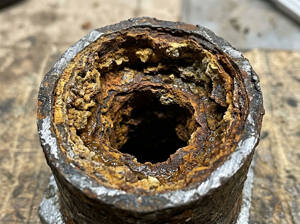 Cross-section of corroded household water supply pipe showing mineral scale and biofilm
