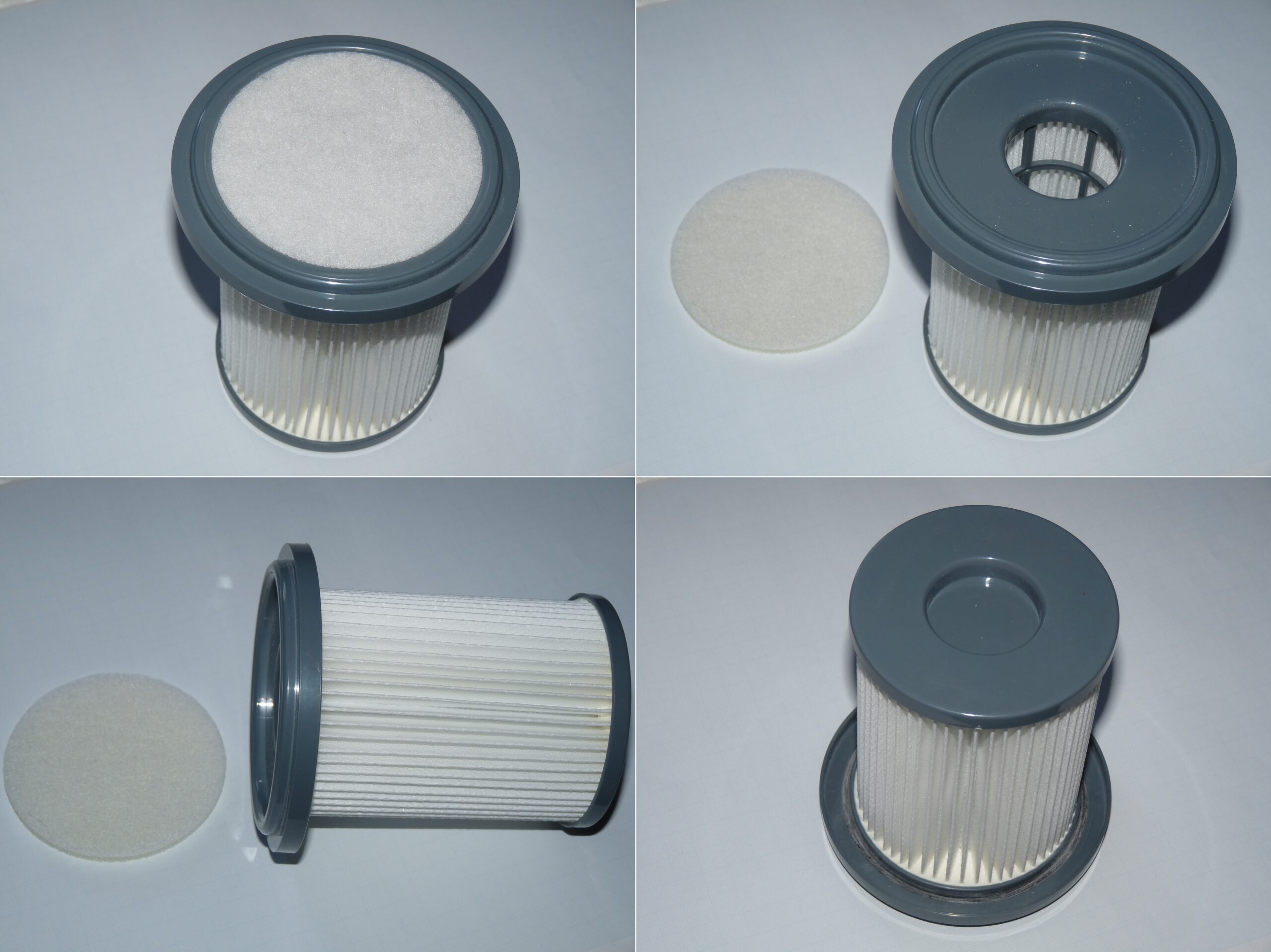 Cylindrical HEPA filter element shown from four angles -- pleated media, pre-filter layer and housing frame visible