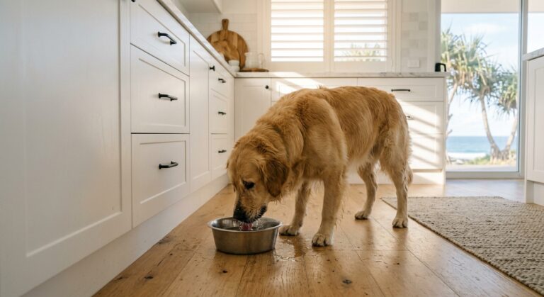 Golden retriever drinking clean filtered water from a stainless bowl on the floor of a sunlit Australian coastal kitchen