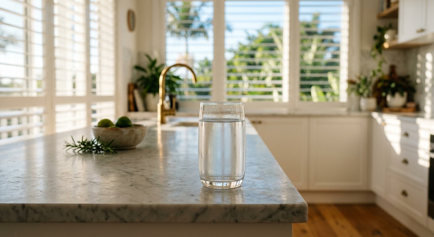 Glass of clean filtered water on a marble kitchen island in a sunlit Mackay Queensland coastal home