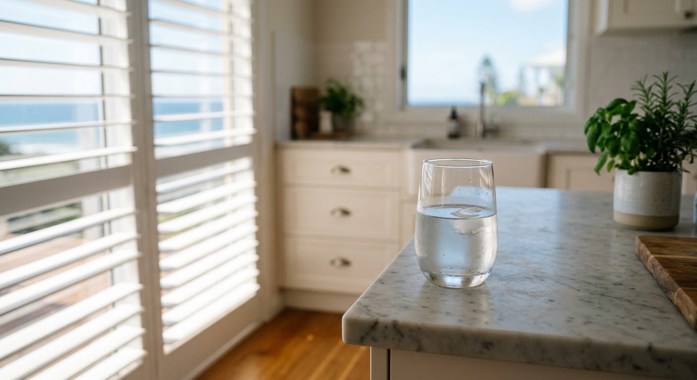 Glass of clean filtered water on a marble kitchen bench in a sunlit Bundaberg Queensland coastal home