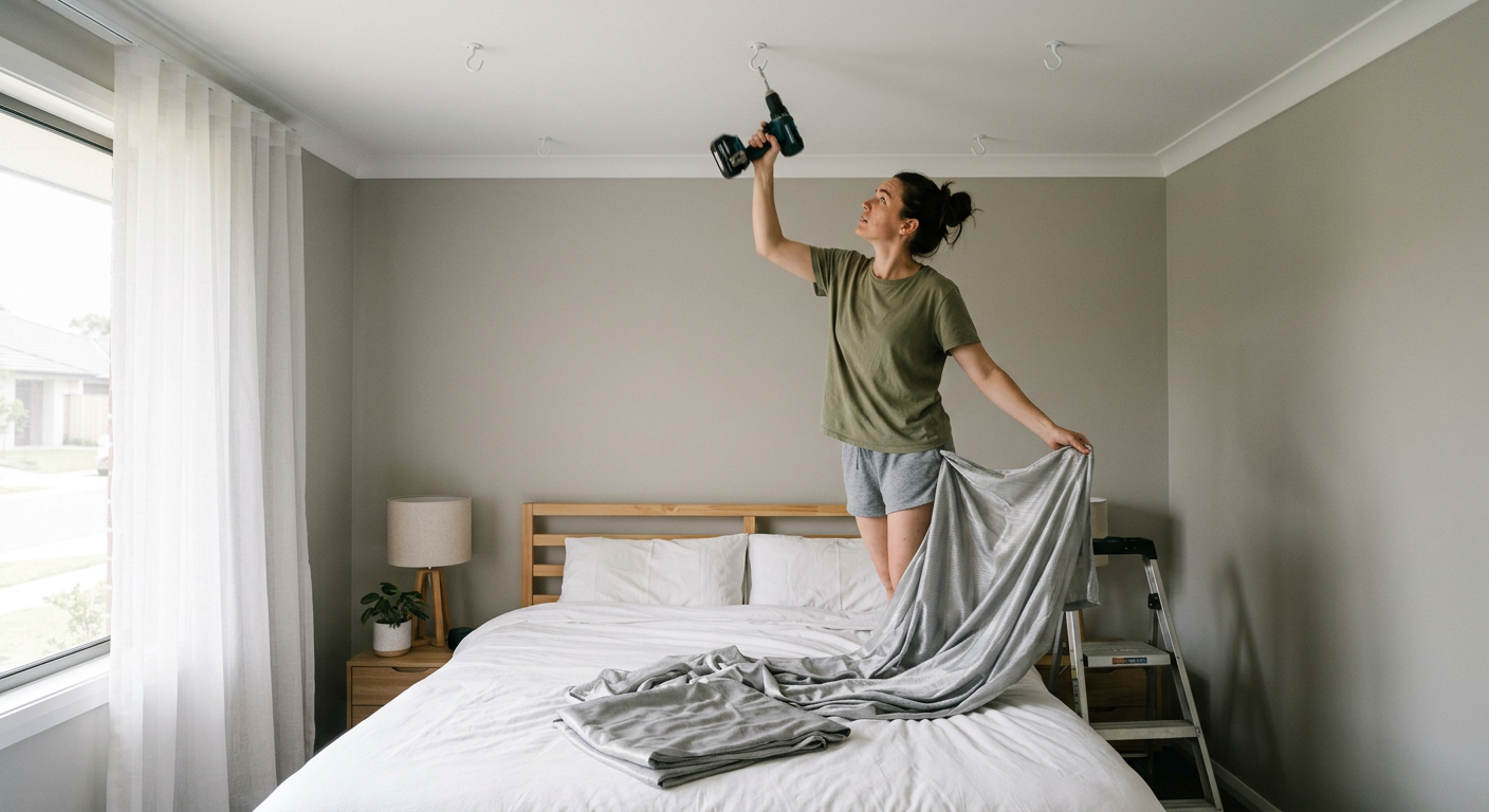 Installing ceiling hooks for an EMF-shielding bed canopy above a queen bed, silver-cotton fabric ready to drape