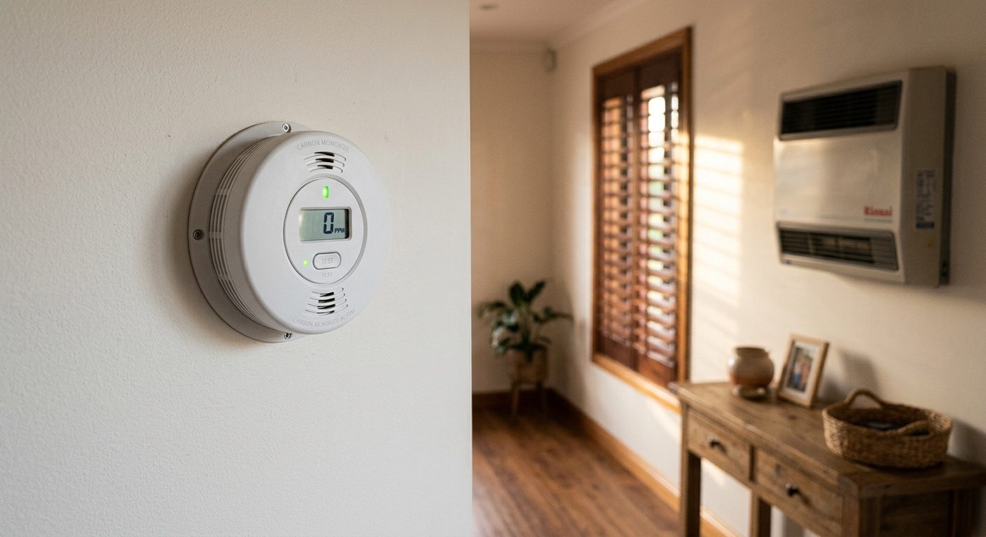 White carbon monoxide detector with digital display showing 0 PPM mounted on a hallway wall near a Rinnai gas heater in an Australian home