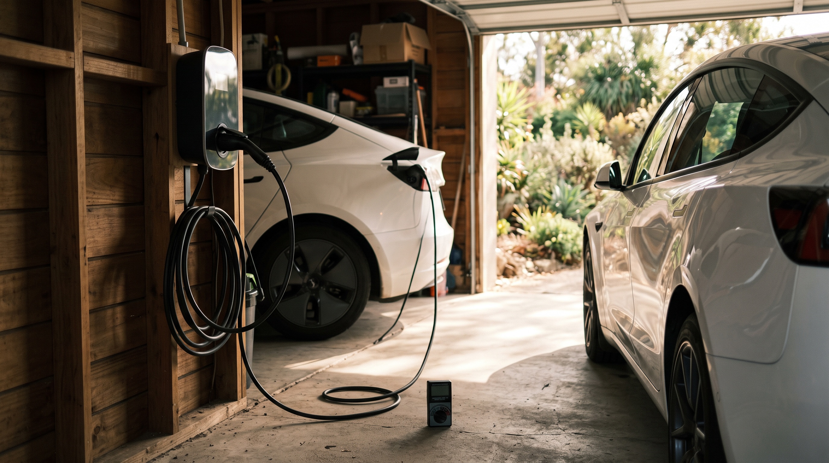 Home electric vehicle wallbox charger mounted on a garage wall with charging cable running to a white electric car, EMF meter on the floor measuring the cable magnetic field