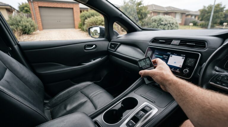 TriField TF2 EMF meter measuring magnetic fields inside an electric vehicle cabin near the dashboard