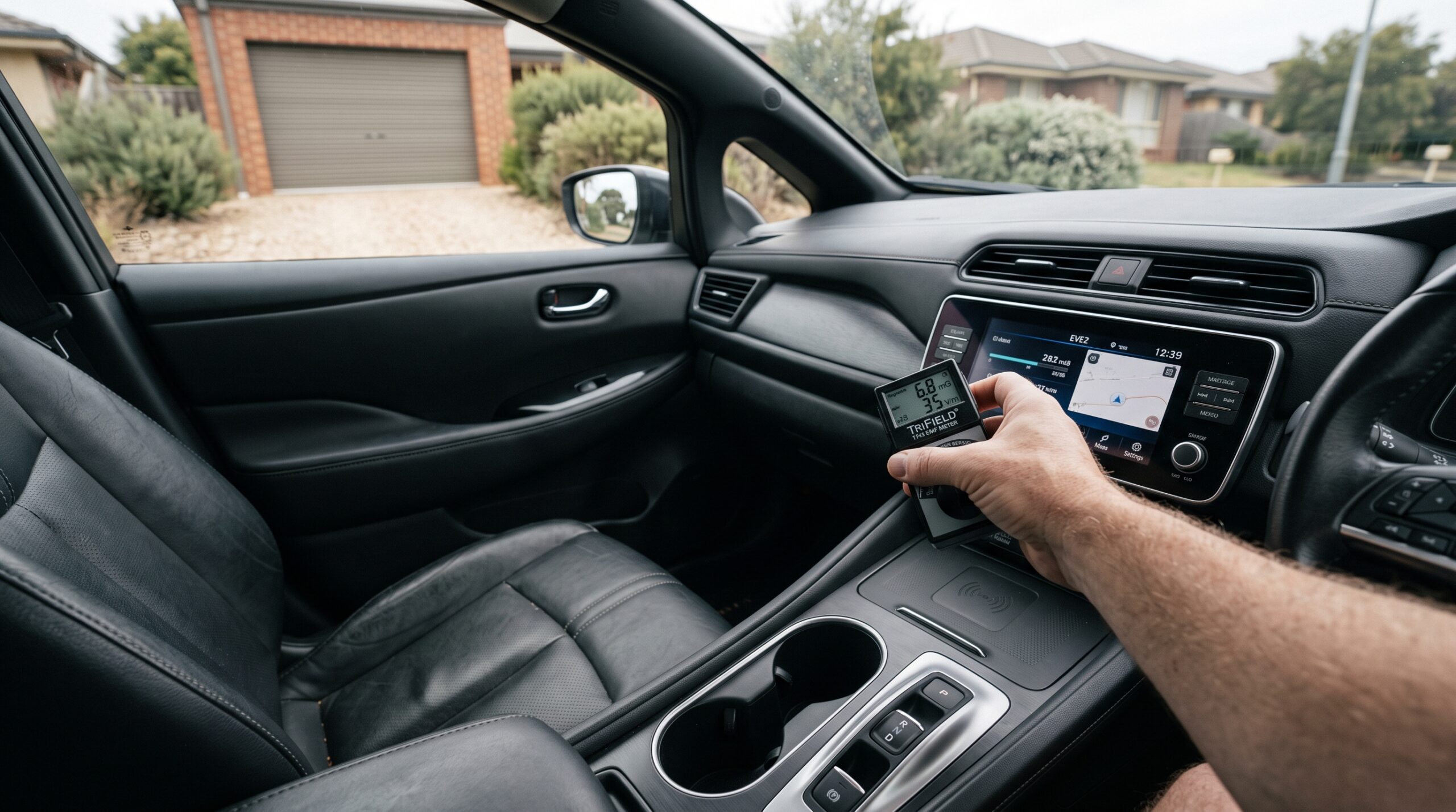 TriField TF2 EMF meter measuring magnetic fields inside an electric vehicle cabin near the dashboard