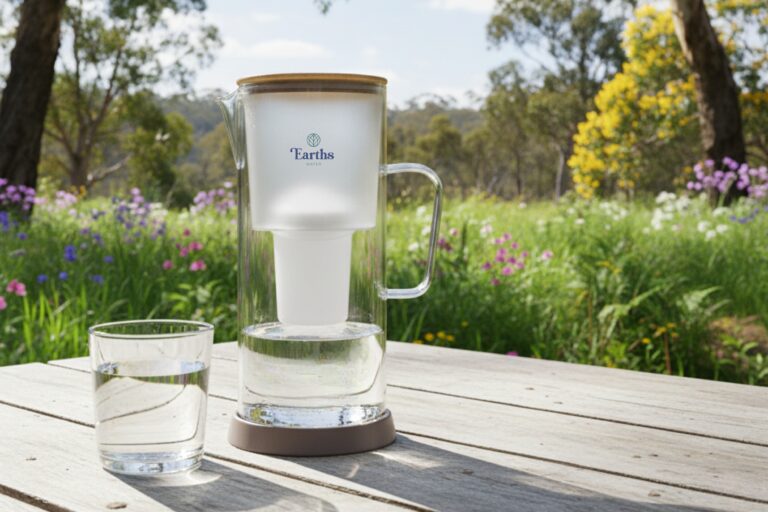 Earths Water 3.5L glass carafe with bamboo lid, outdoor Australian garden setting