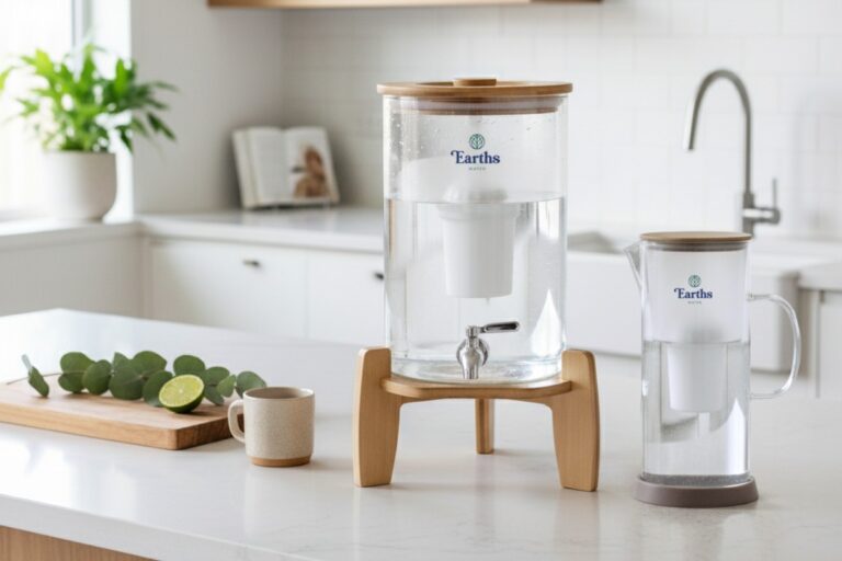 Earths Water 9L benchtop dispenser and glass carafe together on a kitchen counter