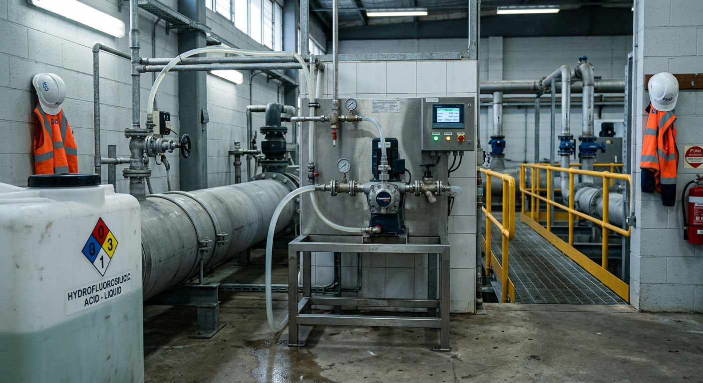Automated hydrofluorosilicic acid dosing system at an Australian water treatment plant, feeding fluoride into the main pipeline