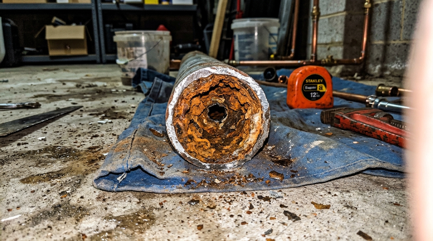 Cross-section of a corroded internal water supply pipe showing rust and mineral buildup -- Clean and Native