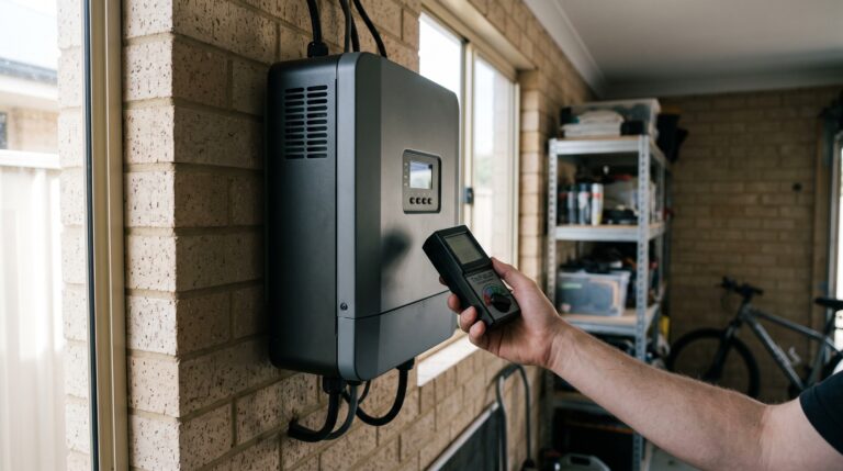 TriField TF2 EMF meter measuring a wall-mounted residential solar inverter in an Australian garage