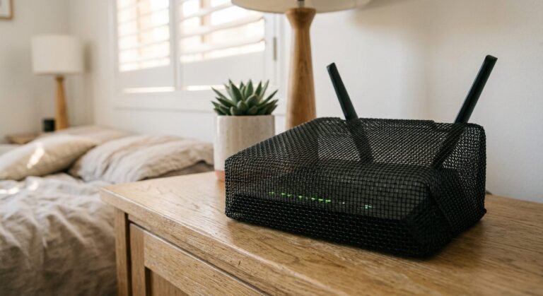 WaveCage partial Faraday mesh cover enclosing a WiFi router with antennas protruding, on a bedside table in a sunlit Australian bedroom
