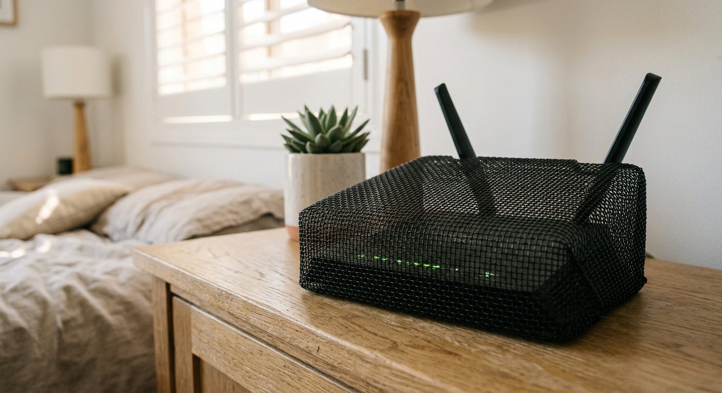 WaveCage partial Faraday mesh cover enclosing a WiFi router with antennas protruding, on a bedside table in a sunlit Australian bedroom