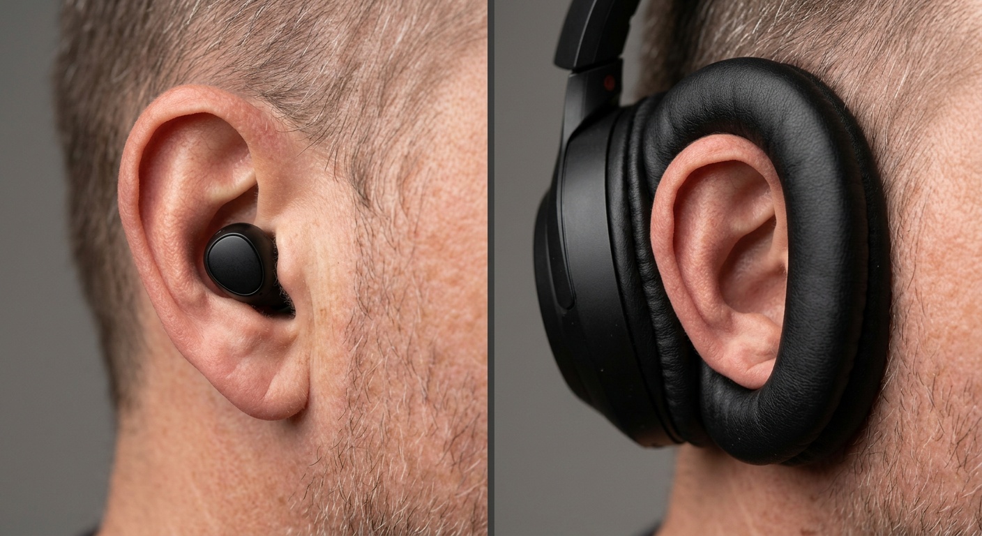 Close-up comparison of an in-ear wireless earbud versus an over-ear headphone showing the difference in distance from the ear canal