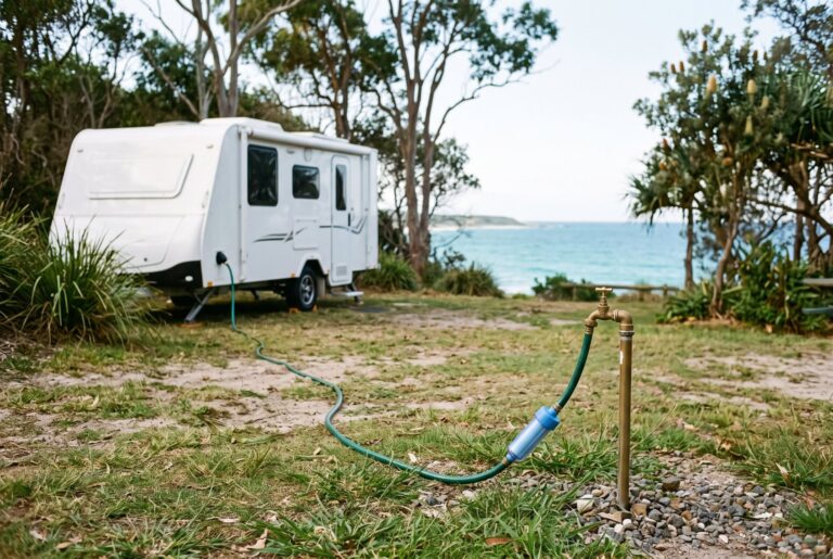 Drinking water hose with an inline caravan water filter connected to a caravan at an Australian campground