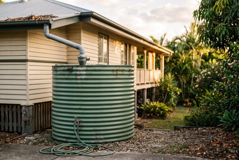 Corrugated steel rainwater tank beside a Queenslander house, the kind of tank where Legionella risk needs managing