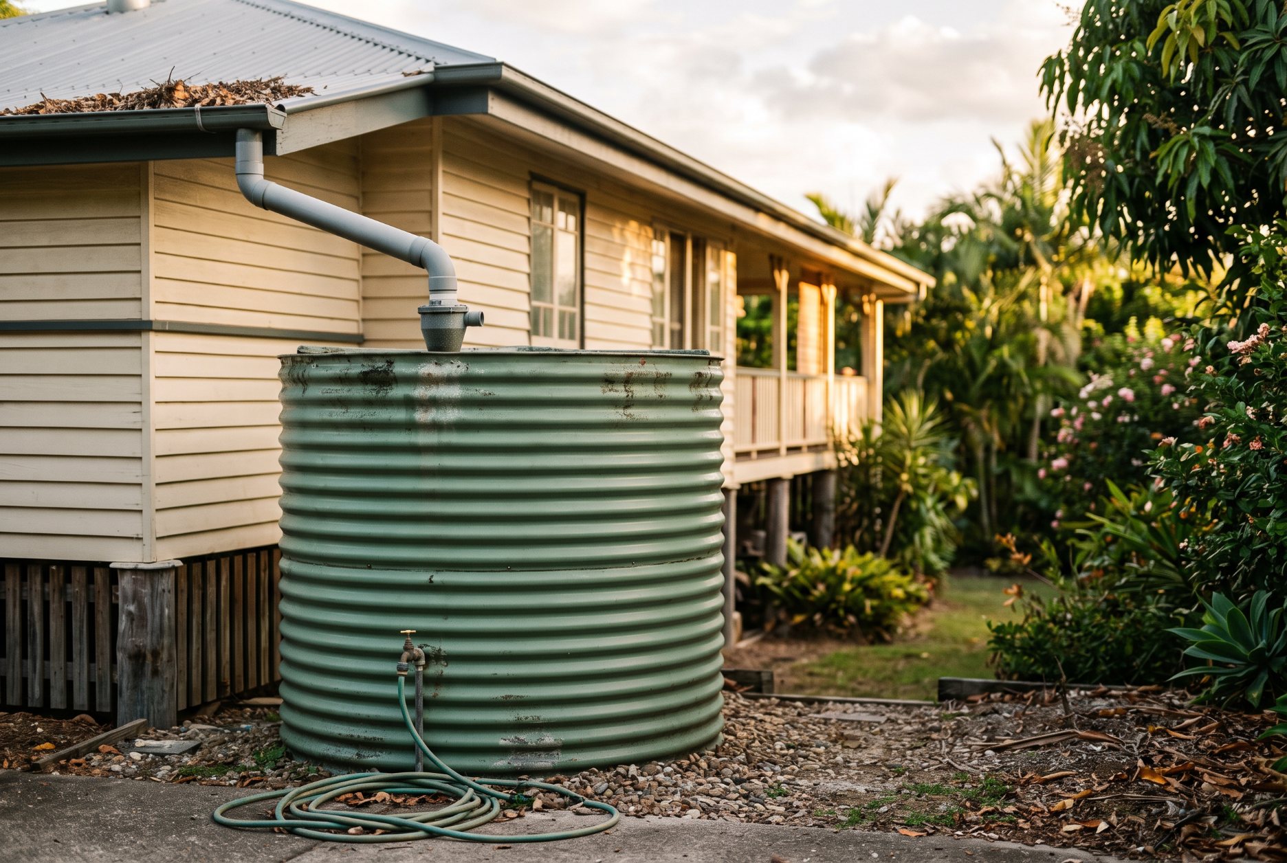 Corrugated steel rainwater tank beside a Queenslander house, the kind of tank where Legionella risk needs managing